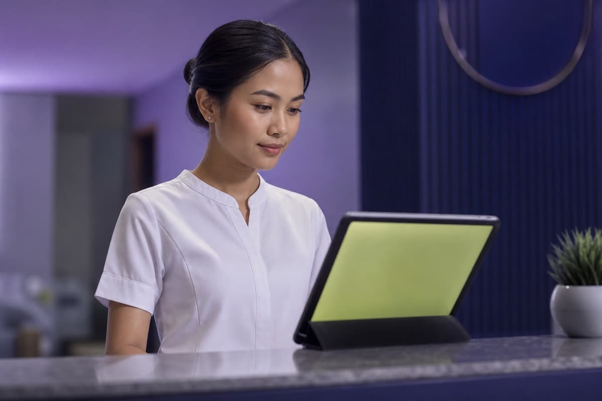 Employee using a tablet face recognition time clock